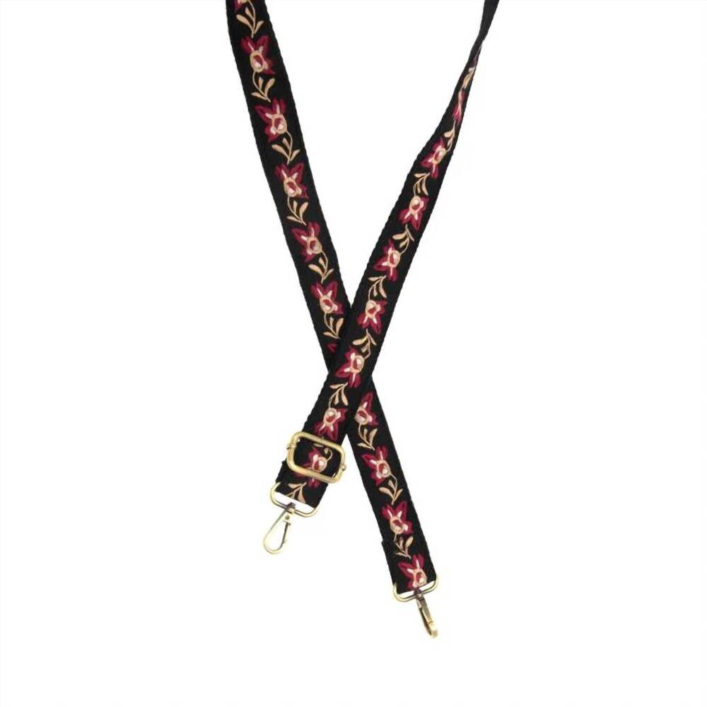 NEW JOY SUSAN women's wide guitar straps in ruby abstract orchid embroidered